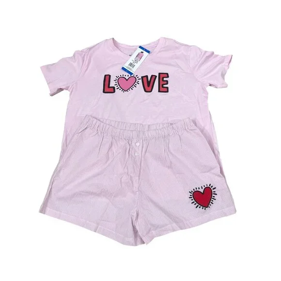 Keith Haring Pink Love Tee & Boxer Lounge Pajama Set Large NWT - Picture 3 of 8